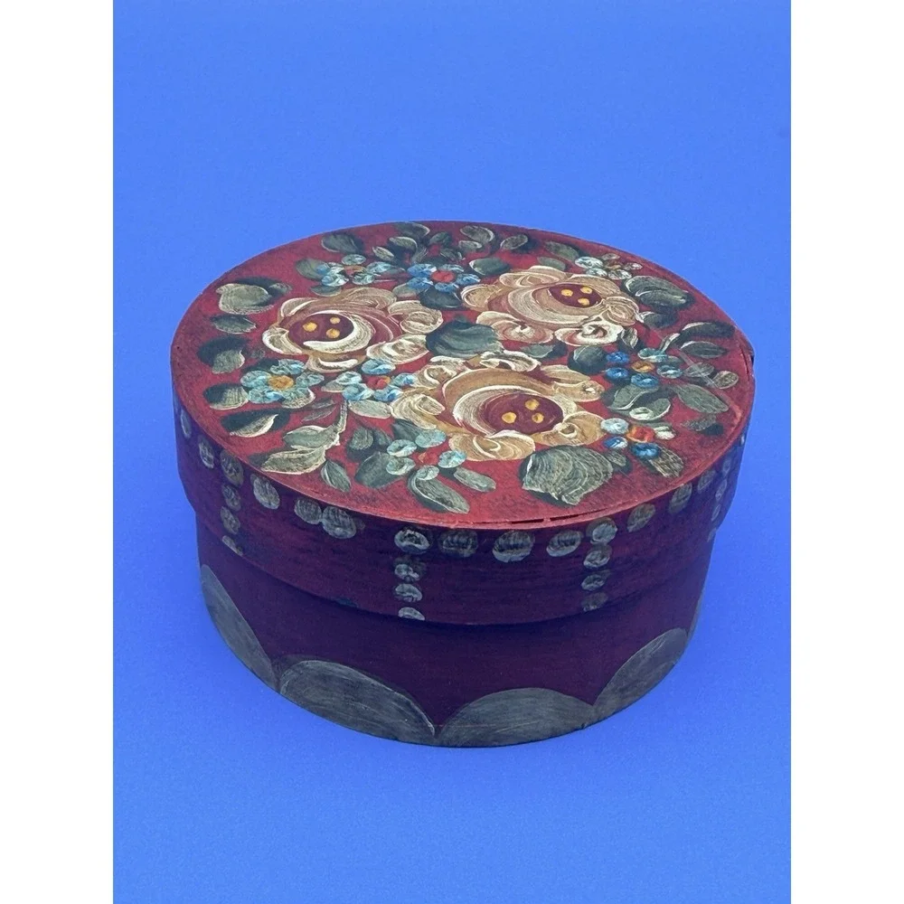 Vintage Hand Painted Wood Trinket Box Floral Folk Art Round Fabric Lined 4